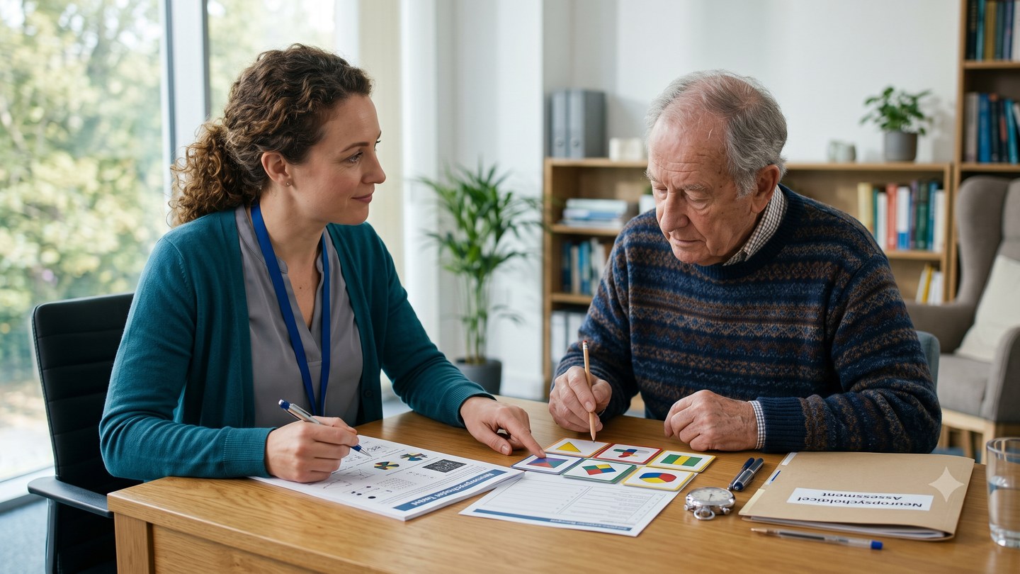 Psicóloga aplicando teste neuropsicológico com um paciente idoso